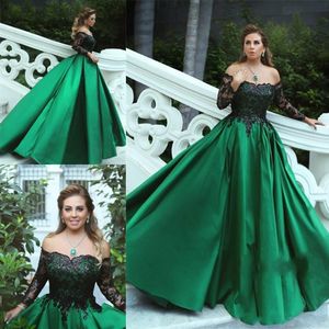 2018 Groene blauwe bal jurk avondjurken uit schouder lange mouwen pailletten zwarte kanten appliques satijn plus size prom jurken feestjurken