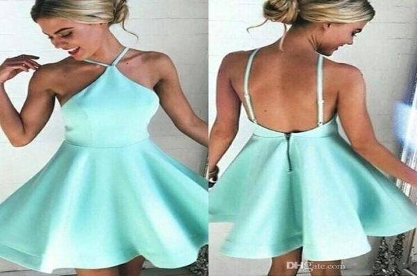 2018 Halter Sexy Short Mint Green Satin Cocktail Party Dresses Vestidos de regreso a casa sin espalda Mini vestido de noche de fiesta por encargo BA6893049657