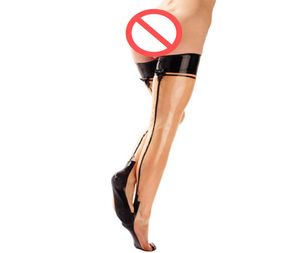 2018 Handgemaakte vrouwen lange transparante latex strakke kousen gesplitste bownots sokken fetisj met bogen zentai voor Halloween7541598