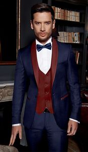 2022 beau bleu marine un bouton châle revers mariage marié smokings hommes costumes mariage / bal / dîner homme blazer (veste + cravate + gilet + pantalon) 03