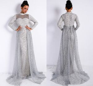 Col haut mousseux argent sirène robes de soirée à manches longues élégant mariages robe de soirée Sexy robe de bal Bling robes formelles