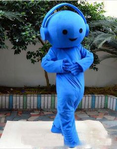 2018 haute qualité publicité adulte bleu musique casque mascotte Costume déguisement Halloween fête professionnelle mascotte Costume