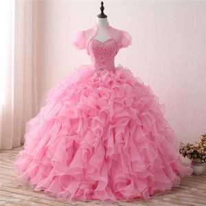2018 High Qullity Pink Ball Gown Quinceanera Dresses Beaded Prom Sweet 16 Dress Plus Size Lace Up Vestido De 15 Anos Q75