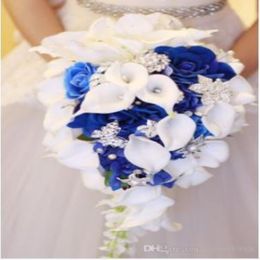 2018 High Set White calla Lily Blue Rose Hydrangea Diy Pearl Crystal Broche Waterfall Wedding Bridal Bouquet 260a