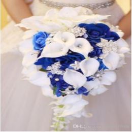 2018 High Set White calla Lily Blue Rose Hydrangea Diy Pearl Crystal Broche Waterfall Wedding Bridal Bouquet 248G