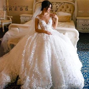 Princesa White Flare Appliques Vestidos de novia de encaje Vestido de pelota elegante Dubai Dubai Estilo árabe Vestidos de novia con tren largo