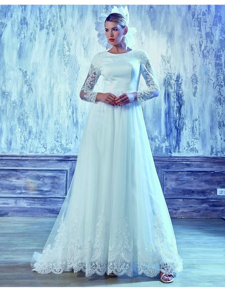 Hot A-ligne Dentelle Tulle Robes De Mariée Modestes Avec Manches Longues Boutons Retour O Cou Pays LDS Robes De Mariée Avec Manches Complètes