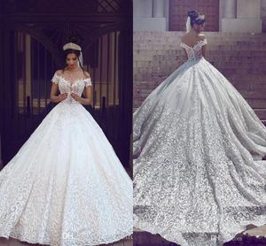 2018 vestidos de novia en árabe caliente una tapa de la línea mangas fuera del hombro aplicaciones de encaje completo