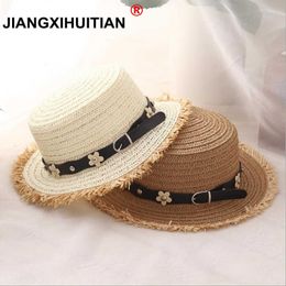 2018 Hot Lovely Child Sun Hats Summer Pearls Belt Child Sun hat Girl Floppy Wide Brim Beach Cap Flor Sombreros de paja envío gratis G220301