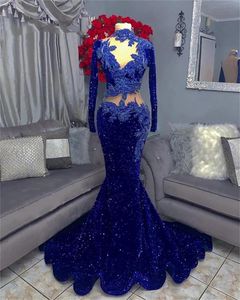 2022 robes de bal bleu royal filles noires en dentelle à paillettes voir à travers des manches longues en dentelle appliques perles paillettes africaine soirée formelle Mermiad robe de soirée col haut