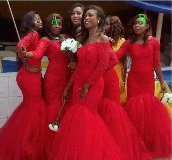 2018 Vestidos de dama de honor de encaje nigeriano sudafricano caliente Corsé Volver Tul rojo Tallas grandes Apliques Sirena Vestidos de dama de honor Barato personalizado