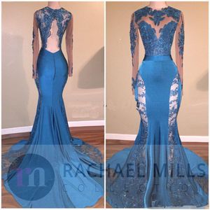 2018 Hunter Jade Lace Sheer Prom Dresses Sleutelhang Hals Mermaid Lange Mouwen Zien door Formele Avondjurken Backless Sequin Party Dress