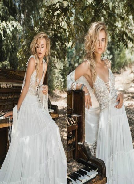 2018 Inbal Raviv Vestidos de novia Bohemian Beach con chaqueta de envoltura modesta espagueti vintage Crochet Lace Chiffon Holiday Dres7410418