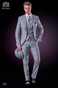 2018 italien hommes costume affaires sur mesure gris clair robe formelle hommes costumes de mariage marié smokings pour hommes Tailcoat (veste + pantalon + gilet + cravate)