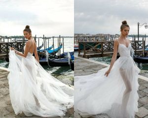 2018 Julie Vino A-lijn Bruidsjurken met Afneembare Trein Spaghetti Sweep Train Lace Sexy Beach Trouwjurk Applique Plus Size Bridal