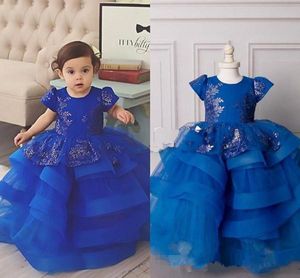 2020 dentelle robe de bal fleur filles robes à manches courtes bleu royal filles pageant robes à plusieurs niveaux tulle enfants vêtements de cérémonie pour la fête de mariage