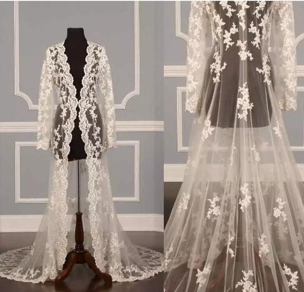 2018 Chaquetas nupciales de encaje Manga larga Abrigo nupcial Tren de barrido Capas de boda Envolturas Chaqueta Bolero Vestido de novia Envolturas Encogimiento de hombros Venta caliente