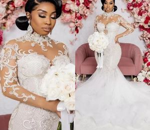 Robe de mariée de luxe Perles cristaux appliques illusion manches longues robe nuptiale coule haut formel aso ebi vestido de noiva