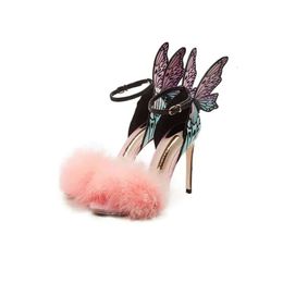 2018 livraison gratuite dames brevet cuir haut talon plume rose rose solide papillon ornements mulit sophia webster sandals chaussures e5b