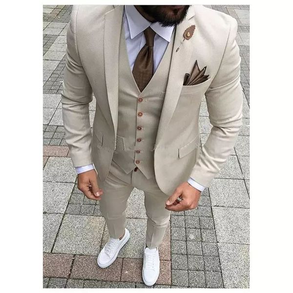 2019 dernières conceptions de pantalon de manteau Beige hommes costume de bal smoking coupe mince 3 pièces marié costumes de mariage pour hommes personnalisé Blazer Terno Masuclino