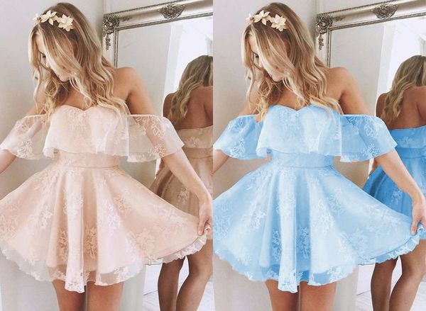 2022 Light Coral Homecoming Party Dress Cheap Off the shoulder Lace Baby Blue Mangas cortas A line Prom Graduation Dress Vestidos Nuevo