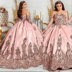 2022 Pink Sexy Shining Quinceanera -jurken Sweet 15 jurk lieverd Appliqued Crystal Prom Jurns pailletten met mouwen Rose Gouden lovertjes lovertjes kant kralen kogel jurk