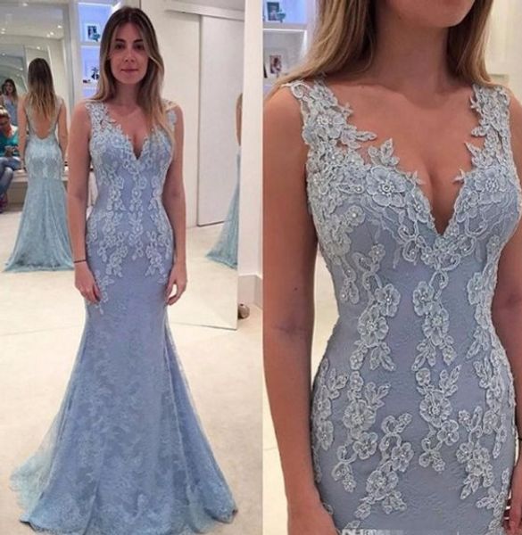 2018 robes de soirée lilas style sirène profonde col en v à manches en dentelle appliques paillettes perles robes de soirée robe de graduation de fête