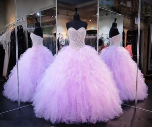 2020 Lilac Quinceanera Baljurken Jurken Sweetheart Crystal Beads Tiered Ruches Corset Back Puffy Plus Size Party Prom Avondjurken Slijtage