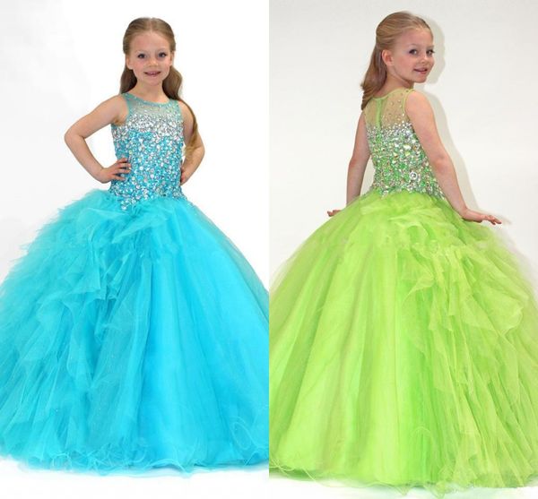 Robe de bal vert lime Bateau Sheer Crystals Robes de concours de fille Volants Une ligne Robes de fille de fleur Robes formelles Party Time HY1127