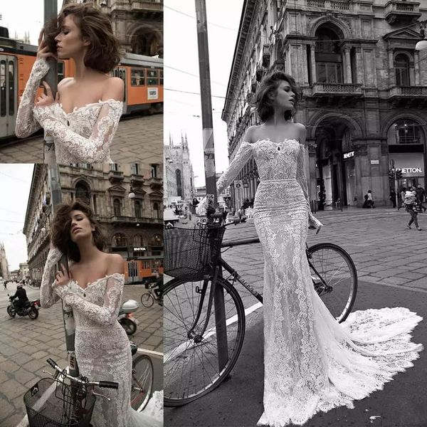 Vestidos de novia de encaje Vintage de Liz Martinez, vestidos de novia de sirena de manga larga con hombros descubiertos, vestido de novia de jardín sin espalda