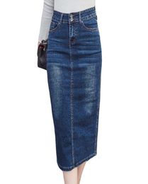 2018 Long Denim Jupe Vintage Button haute taille crayon noir Blue Slim Femmes jupes plus taille dames glacée Jeans sexy faldas y1904284417928