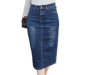 2018 Falda de mezclilla larga Botón Vintage Lápiz de cintura alta Blue Blue Women Slim Faldas de talla grande Ice Jeans Sexy Faldas J1906184408586