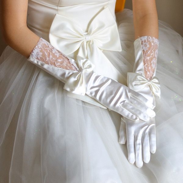 2018 guantes de novia de encaje con lazo de satén rojo blanco de diseño largo guantes de boda accesorios de boda