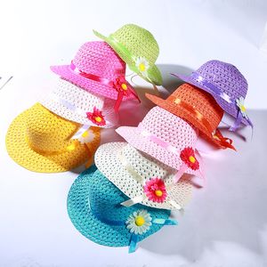 Mooie zonnebloem bloem cap kinderen sunhat baby meisjes casual strand zon stro hat stro handtas voor kinderen 18 kleuren kbh87