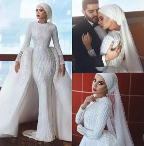 Robe de mariée sirène de luxe à manches longues, avec jupes, col à bijoux, robe de mariée musulmane, arabe de dubaï, grande taille