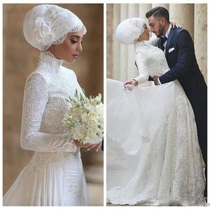 2018 Luxe Arabische moslim trouwjurken Dubai High Neck lange mouwen Lace Appliques Bridal Jurken Vestidos de novia 2250