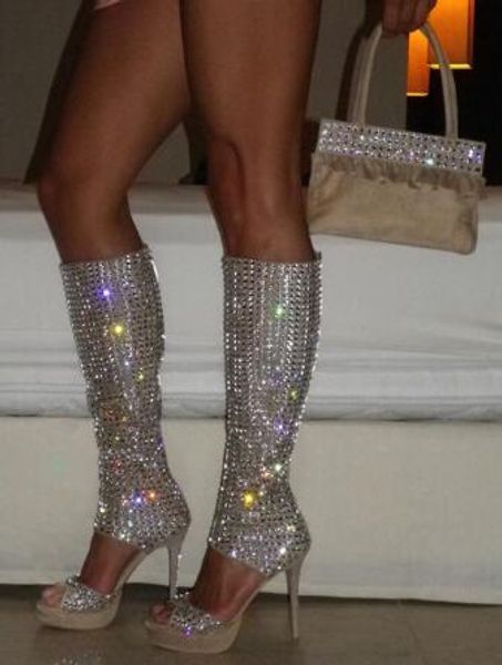 2018 luxe cristal couverture femmes mode genou bottes hautes en daim gris haute plate-forme dames sexy bottes à talons hauts découper bottes chevalier