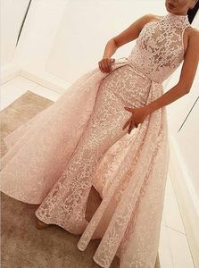 2018 Luxe Élégant Soirée Robes De Soirée Sans Manches Halter Full Lace Avec Doublure Robes De Bal Détachable Train Ceintures Femmes Robes De Soirée