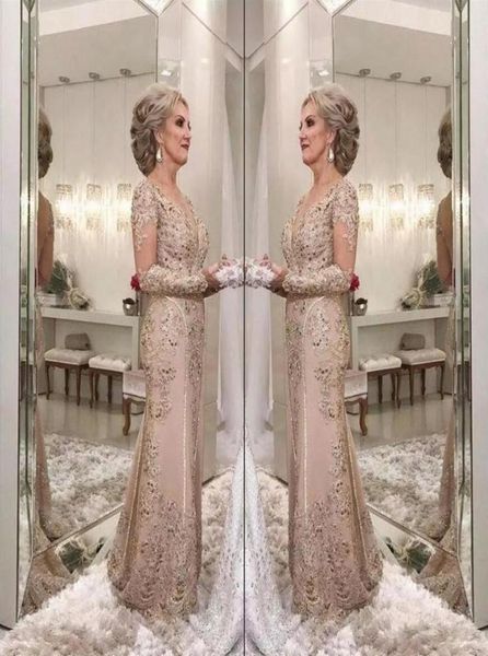 2018 Luxury Mother of the Bride Dresses V Cuello por mangas largas Mermaid con cuentas Apliques Party Fiest Wedding Wedding G7178797