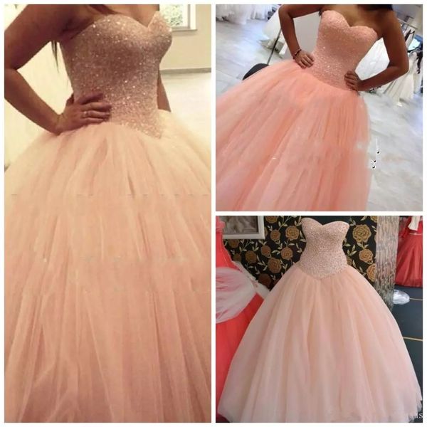 2020 pêche princesse chérie Quinceanera balle robe de soirée strass perles Tulle étage longueur robe de bal robe de soirée QC1114