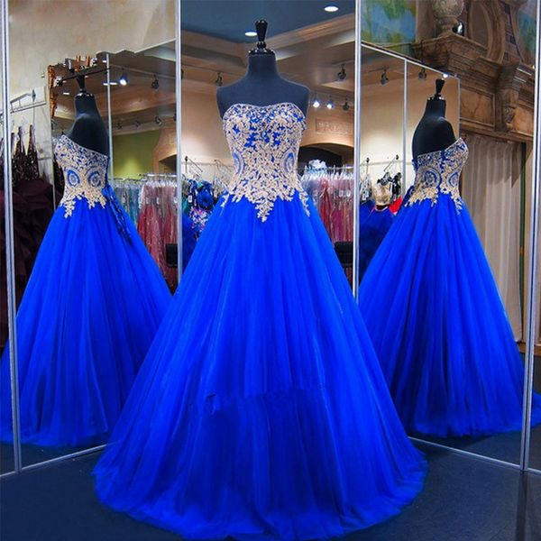 2020 Sweet 16 Vestidos Royal Blue Gold Lace Cheap Quinceanera Vestidos Vestidos de Debutante Prom Party vestido QC1100