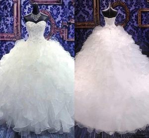 2018 Luxe Sweetheart Strapless Baljurk Trouwjurken Borduurwerk Bruidsjurken Prinses Corset Organza Ruffles Plus Size WeddingVestidos