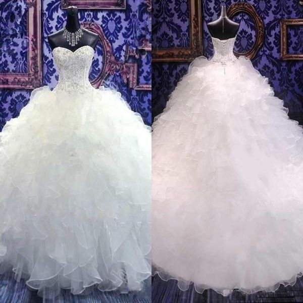 2018 Luxe Chérie Bretelles Robe De Bal Robes De Mariée Broderie Robes De Mariée Princesse Corset Organza Volants Plus La Taille Weddi214g