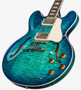 2018 Memphis 335 Semi Hollow Figurado Aquamarine Jazz Guitarra eléctrica Flame Maple Top Side Back Little Pin ABR1 Bridge Block6487276