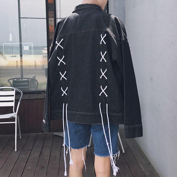 2018 abrigos de marca de moda para hombres ropa de mezclilla cuerda decorar prendas de vestir exteriores chaquetas de vaquero solapa manga larga azul/negro rompevientos