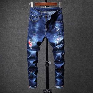 2018 hommes imprimer jeans impression Denim pantalon décontracté à la mode crayon pantalon taille moyenne coloré 189Z