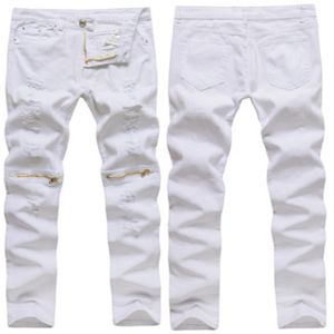 2018 hommes décontracté fermeture éclair décoration trou haute élastique mince mode jean Style décontracté solide blanc mâle maigre pantalon 318W