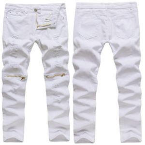2018 hommes décontracté fermeture éclair décoration trou haute élastique mince mode jean Style décontracté solide blanc mâle maigre pantalon 2122