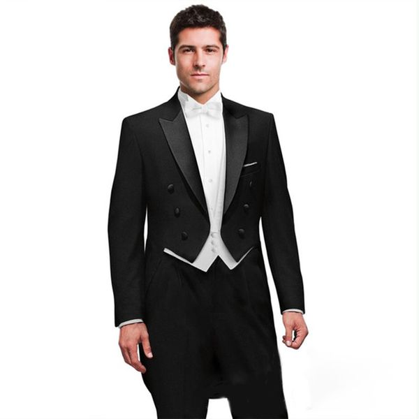 2018 Trajes de hombre Abrigo negro Trajes de boda con solapa en pico Vestido de noche Novio Hecho Slim Fit Esmoquin formal Mejor hombre Blazer Prom 3 piezas