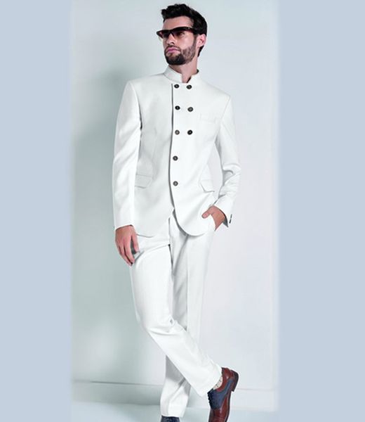 2018 Trajes de hombre White Stand Colla Slim Fit Trajes de boda guapos Novio Padrinos de boda Esmoquin 2 piezas por encargo Formal Blazer Prom Best Man